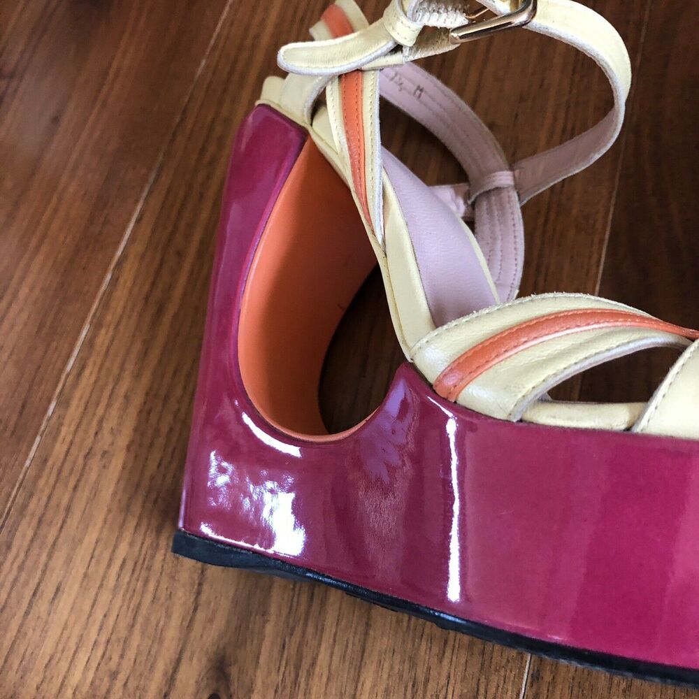 Stuart Weitzman Cut-Out Pink Yellow Color Block Wedge Platform Sandals 7.5M - Picture 11 of 11